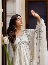 White Chanderi Silk Embroidery A line Alia Cut Salwar Suit Set  with Dupatta For Women's Trendmallsin