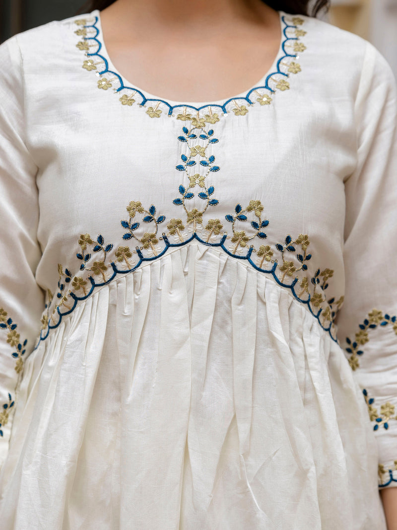 White Chanderi Silk Embroidery A line Alia Cut Salwar Suit Set  with Dupatta For Women's Trendmallsin