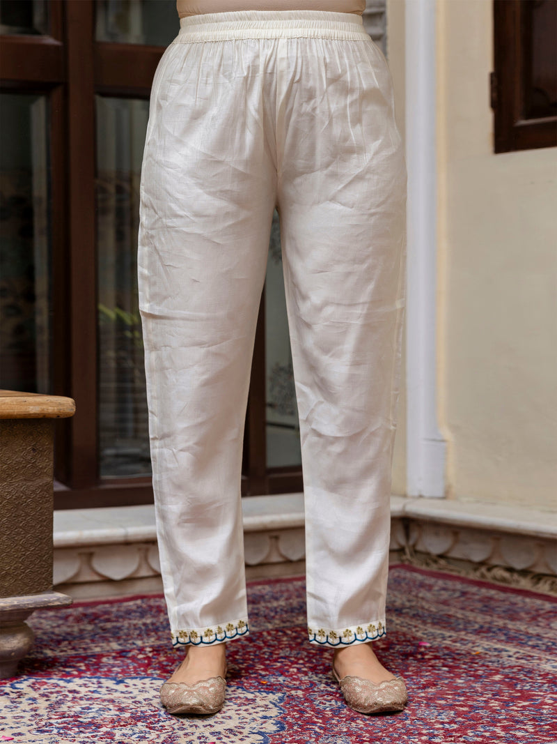 White Chanderi Silk Embroidery A line Alia Cut Salwar Suit Set  with Dupatta For Women's Trendmallsin