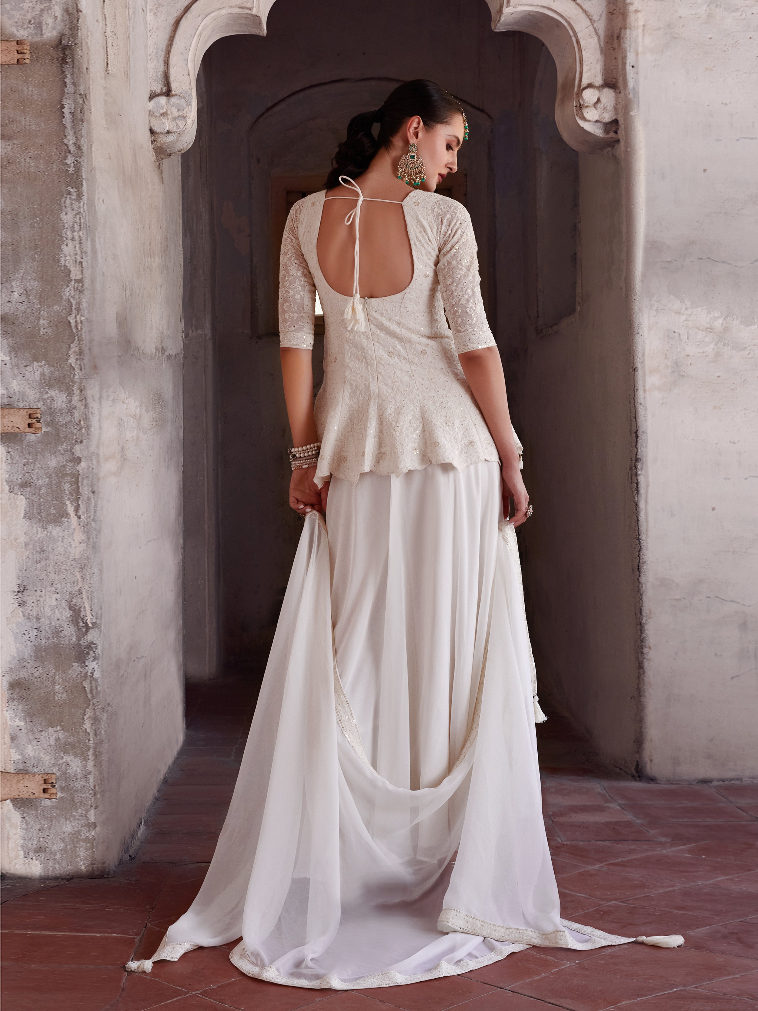 White Georgette Embroidery Sequence Work Kurta Palazzo with Dupatta For Women