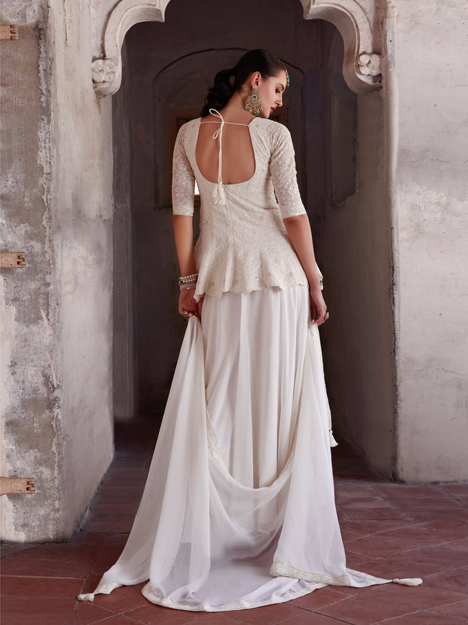 White Georgette Embroidery Sequence Work Kurta Palazzo with Dupatta For Women