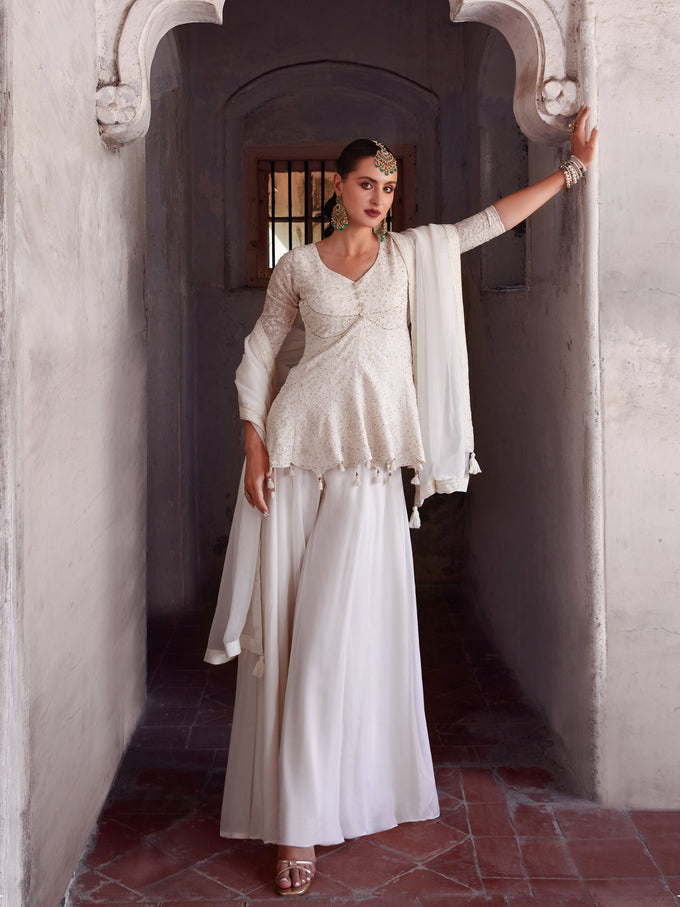 White Georgette Embroidery Sequence Work Kurta Palazzo with Dupatta For Women