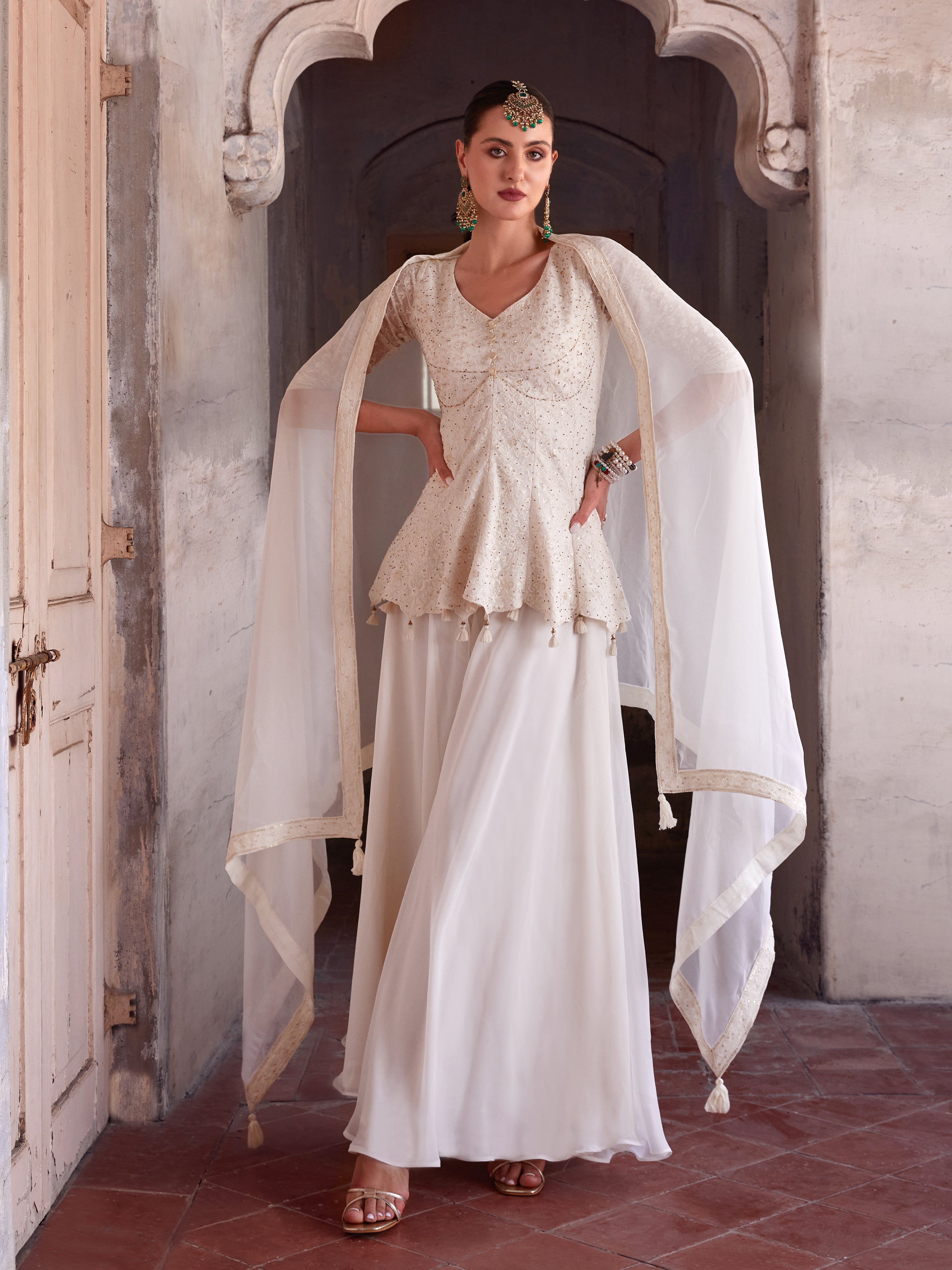 White Georgette Embroidery Sequence Work Kurta Palazzo with Dupatta For Women