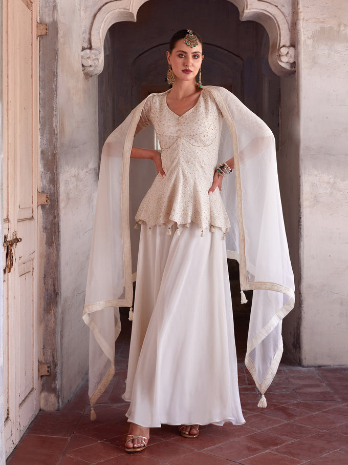 White Georgette Embroidery Sequence Work Kurta Palazzo with Dupatta For Women