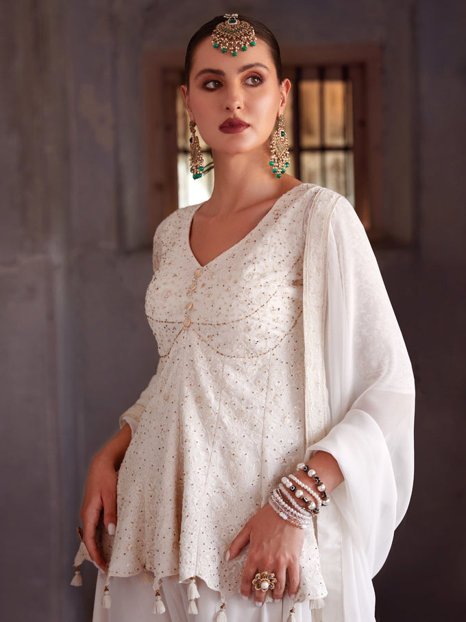 White Georgette Embroidery Sequence Work Kurta Palazzo with Dupatta For Women