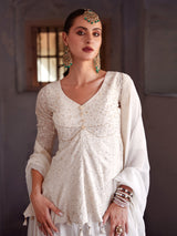 White Georgette Embroidery Sequence Work Kurta Palazzo with Dupatta For Women