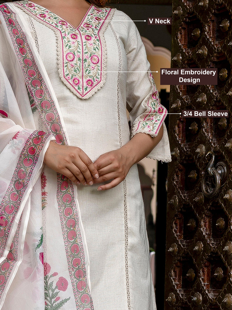 White Cotton Embroidery Salwar Suit with Dupatta Set For Women's Trendmallsin