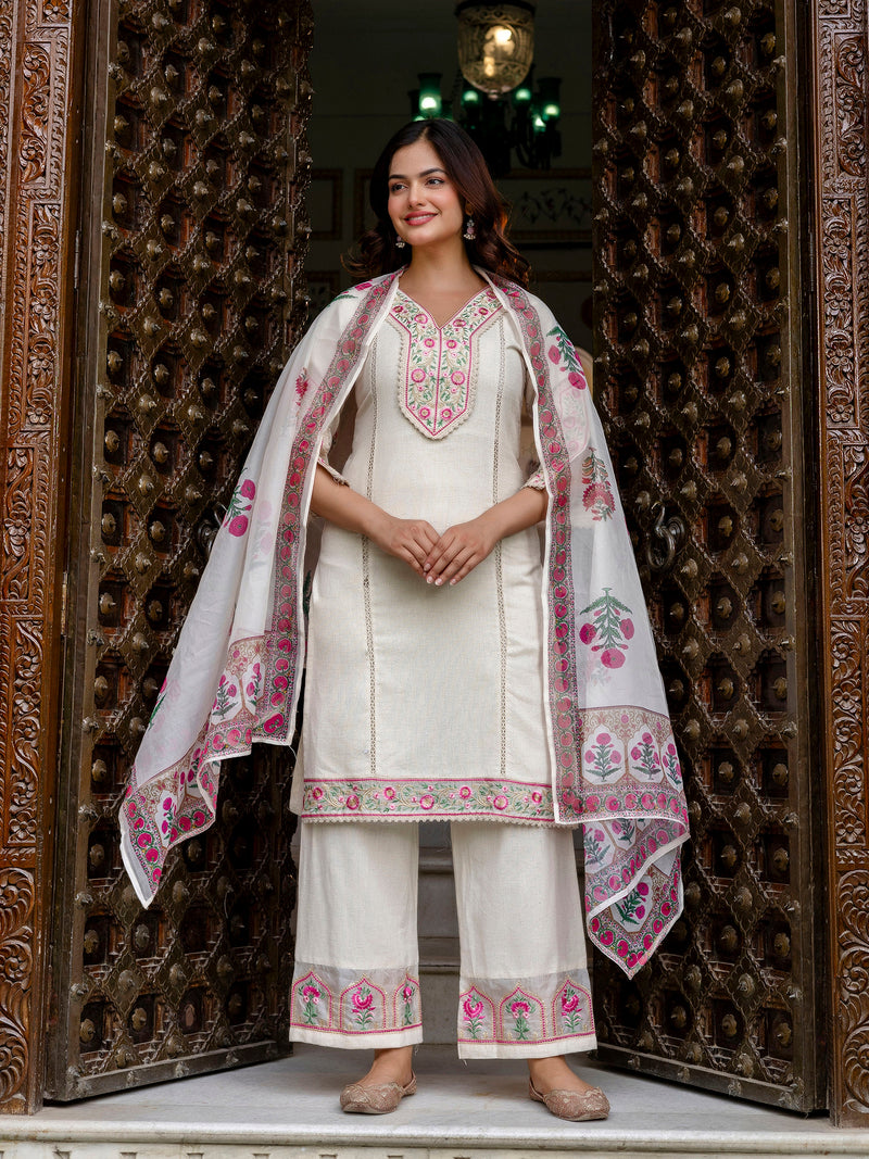 White Cotton Embroidery Salwar Suit with Dupatta Set For Women's Trendmallsin