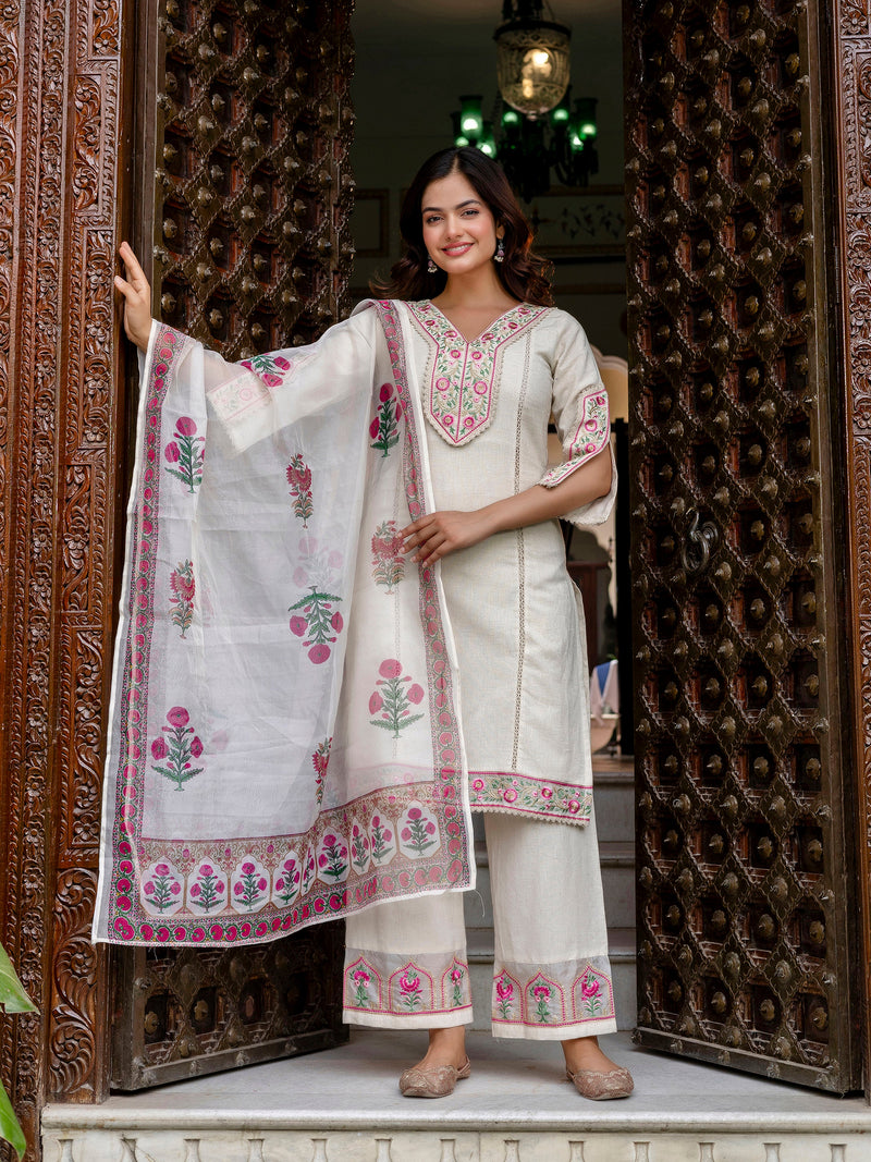 White Cotton Embroidery Salwar Suit with Dupatta Set For Women's Trendmallsin