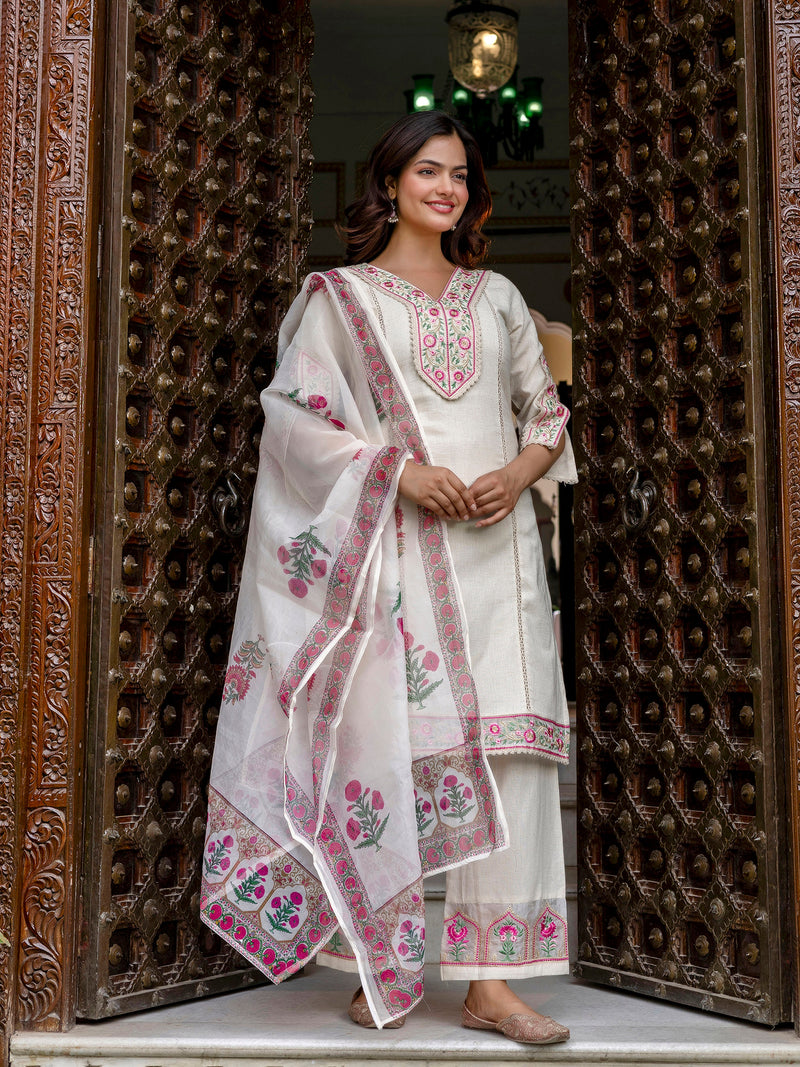 White Cotton Embroidery Salwar Suit with Dupatta Set For Women's Trendmallsin