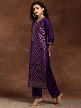 Purple Jaquard Silk Embroidery Stone Work Kurta Pant with Dupatta Trendmalls