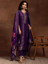 Purple Jaquard Silk Embroidery Stone Work Kurta Pant with Dupatta Trendmalls