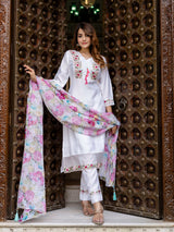White Viscose Silk Embroidery A-line Salwar Suit Set With Dupatta for Women's Trendmallsin