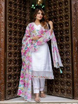 White Viscose Silk Embroidery A-line Salwar Suit Set With Dupatta for Women's Trendmallsin