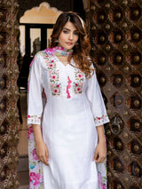 White Viscose Silk Embroidery A-line Salwar Suit Set With Dupatta for Women's Trendmallsin