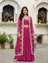 Women's Soft Organza Embroidery Crop Top with Flared Pleated Skirt and Shrug Set Trendmallsin