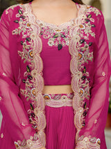 Women's Soft Organza Embroidery Crop Top with Flared Pleated Skirt and Shrug Set Trendmallsin