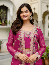 Women's Soft Organza Embroidery Crop Top with Flared Pleated Skirt and Shrug Set Trendmallsin