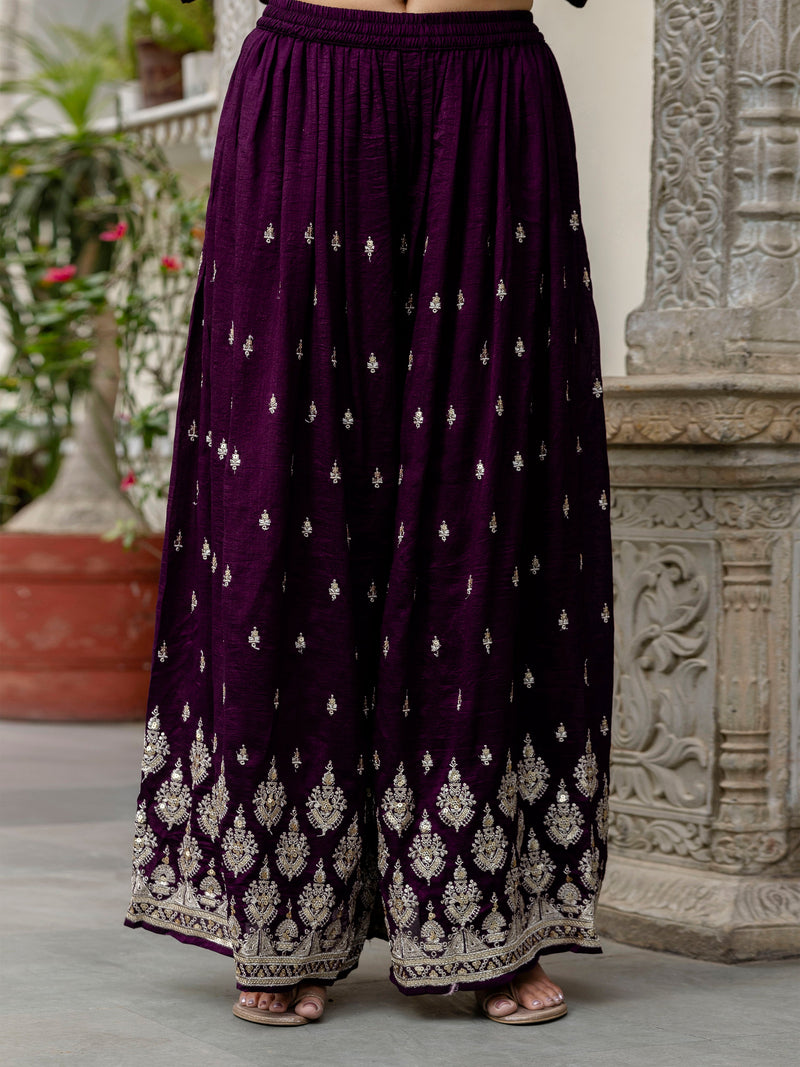 Women's Art Silk Embroidery A line Kurta Sharara with Dupatta Set Trendmallsin