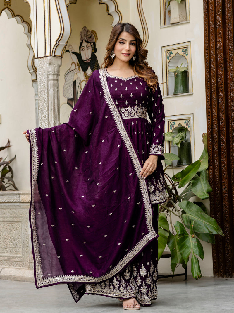 Women's Art Silk Embroidery A line Kurta Sharara with Dupatta Set Trendmallsin