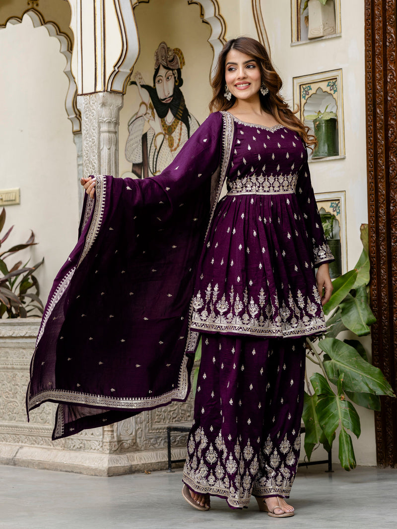 Women's Art Silk Embroidery A line Kurta Sharara with Dupatta Set Trendmallsin