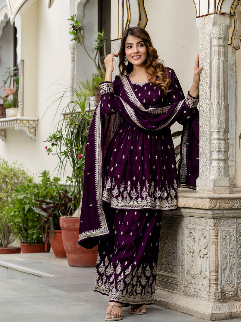 Women's Art Silk Embroidery A line Kurta Sharara with Dupatta Set Trendmallsin