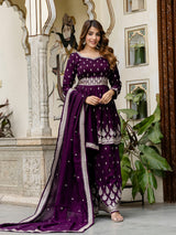 Women's Art Silk Embroidery A line Kurta Sharara with Dupatta Set Trendmallsin