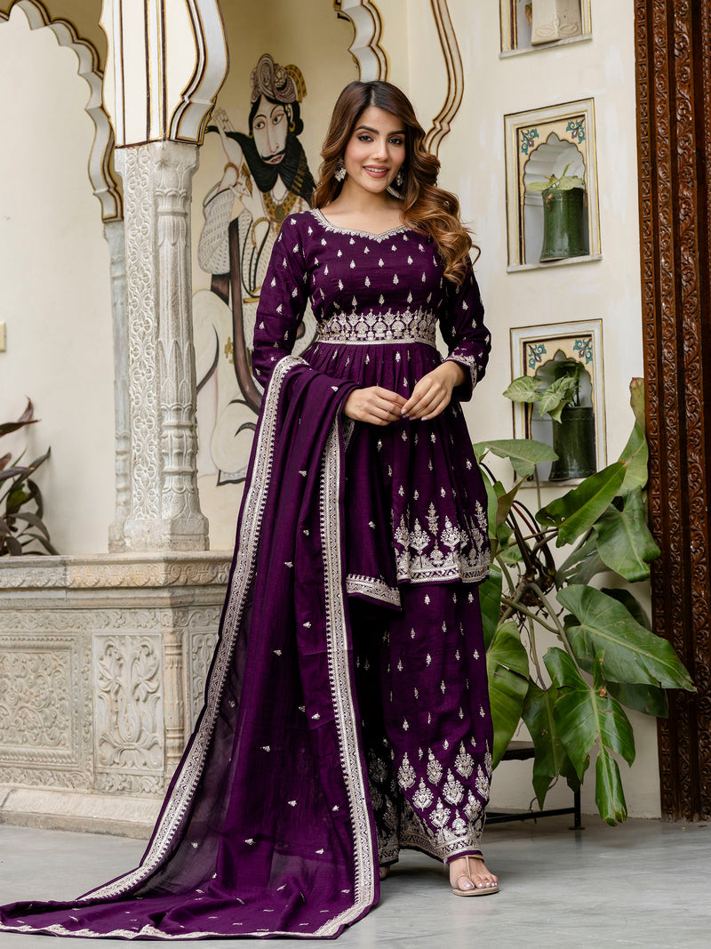 Women's Art Silk Embroidery A line Kurta Sharara with Dupatta Set Trendmallsin