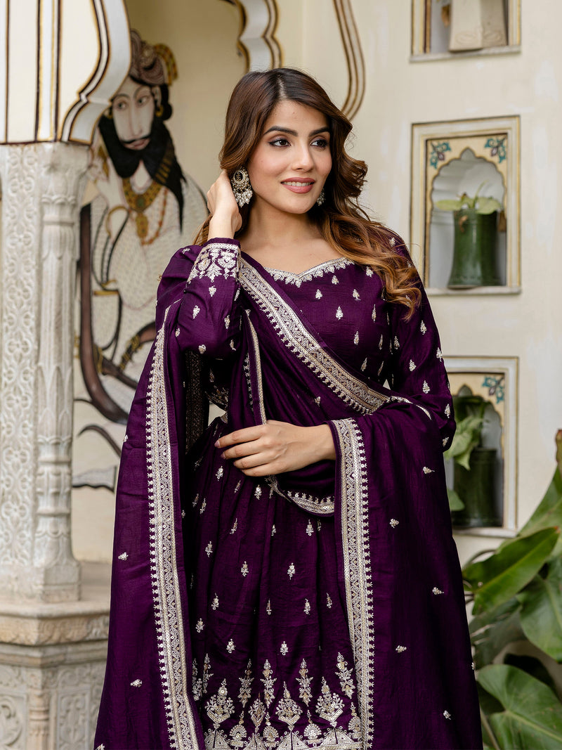 Women's Art Silk Embroidery A line Kurta Sharara with Dupatta Set Trendmallsin