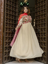 Beige Georgette Embroidery Alia Cut Anarkali Kurta Pant with Dupatta Set For Women's Trendmalls