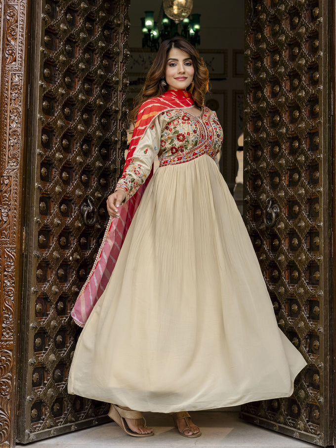 Beige Georgette Embroidery Alia Cut Anarkali Kurta Pant with Dupatta Set For Women's Trendmalls