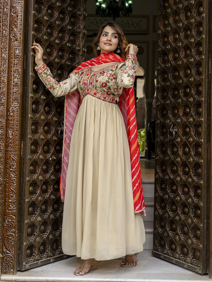 Beige Georgette Embroidery Alia Cut Anarkali Kurta Pant with Dupatta Set For Women's Trendmalls