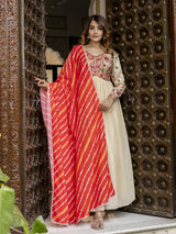 Beige Georgette Embroidery Alia Cut Anarkali Kurta Pant with Dupatta Set For Women's Trendmalls