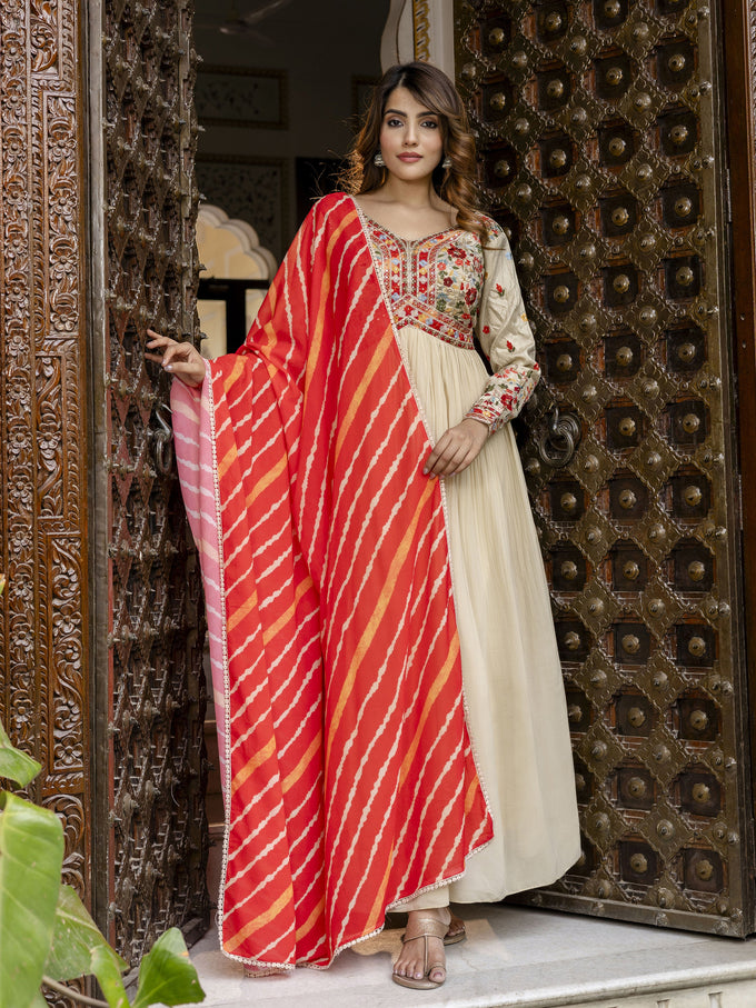 Beige Georgette Embroidery Alia Cut Anarkali Kurta Pant with Dupatta Set For Women's Trendmalls