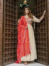 Beige Georgette Embroidery Alia Cut Anarkali Kurta Pant with Dupatta Set For Women's Trendmalls