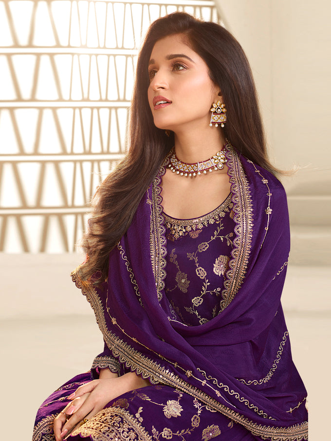 Purple Jequard Embroidery Salwar Suit With Dupatta