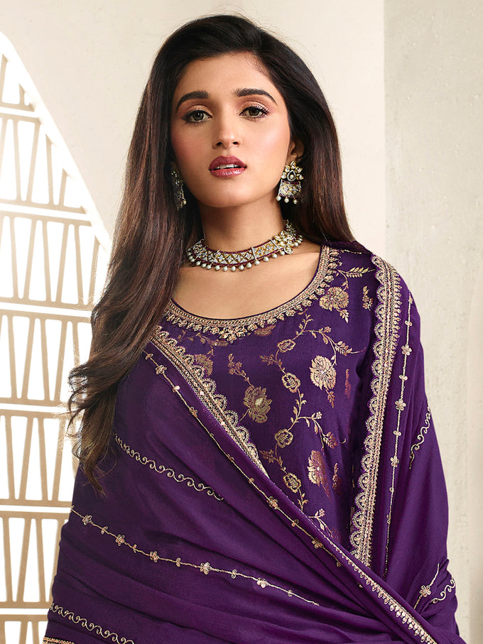 Purple Jequard Embroidery Salwar Suit With Dupatta