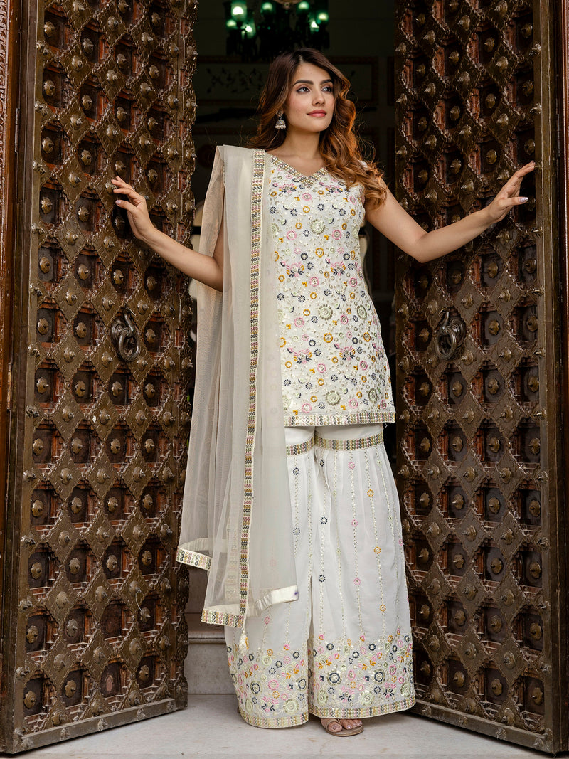 White Georgette Embroidery work Kurta Sharara Set with Dupatta Kurta Set for Women Trendmalls