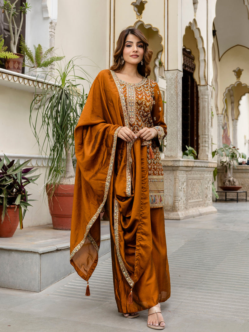 Women's Art Silk Sequins Embroidery Kurta Sharara Set with Dupatta for Women Kurta Palazzo Set Trendmallsin