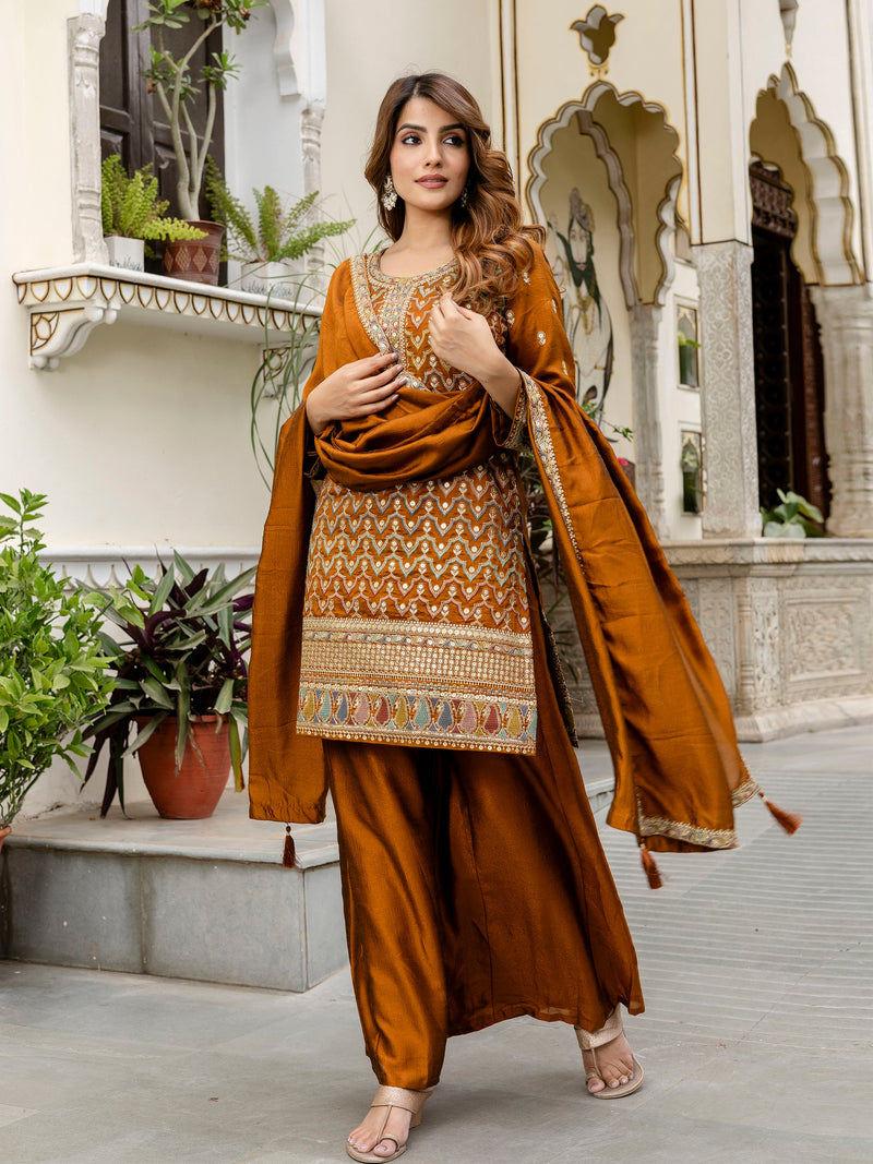 Women's Art Silk Sequins Embroidery Kurta Sharara Set with Dupatta for Women Kurta Palazzo Set Trendmallsin