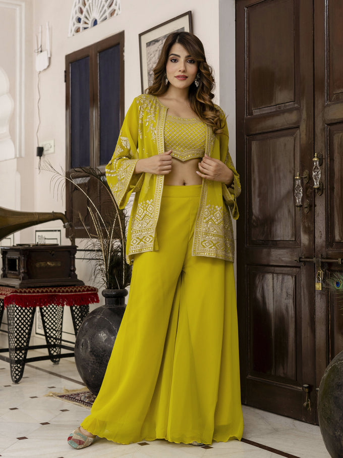 Yellow Georgette Embroidery Work Crop Top with Flared Palazzo and Shrug Set For Women's Trendmallsin