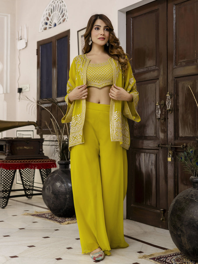 Yellow Georgette Embroidery Work Crop Top with Flared Palazzo and Shrug Set For Women's Trendmallsin