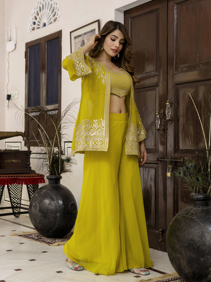 Yellow Georgette Embroidery Work Crop Top with Flared Palazzo and Shrug Set For Women's Trendmallsin
