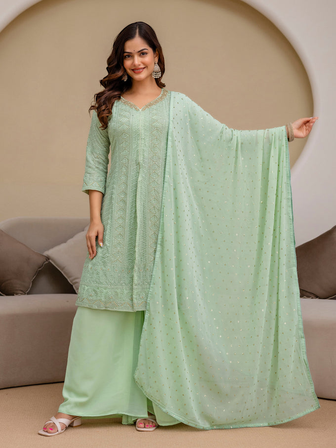 Lightgreen Georgette Embroidery Work Front Slit Kurta Palazzo with Dupatta for Women Trendmalls