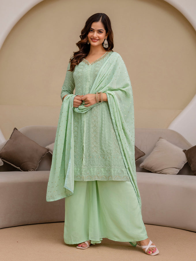 Lightgreen Georgette Embroidery Work Front Slit Kurta Palazzo with Dupatta for Women Trendmalls