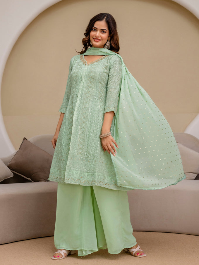 Lightgreen Georgette Embroidery Work Front Slit Kurta Palazzo with Dupatta for Women Trendmalls