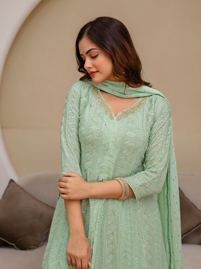 Lightgreen Georgette Embroidery Work Front Slit Kurta Palazzo with Dupatta for Women Trendmalls