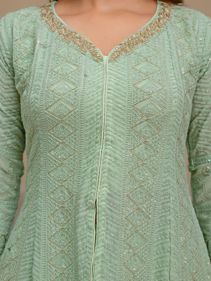 Lightgreen Georgette Embroidery Work Front Slit Kurta Palazzo with Dupatta for Women Trendmalls