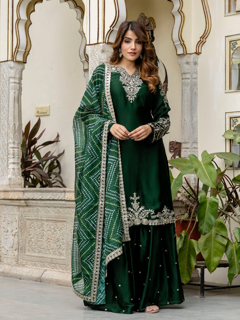 Darkgreen Satin Embroidery Kurta Palazzo with Dupatta Set For Women 's Trendmallsin