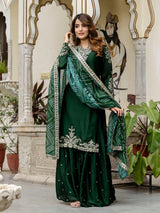 Darkgreen Satin Embroidery Kurta Palazzo with Dupatta Set For Women 's Trendmallsin